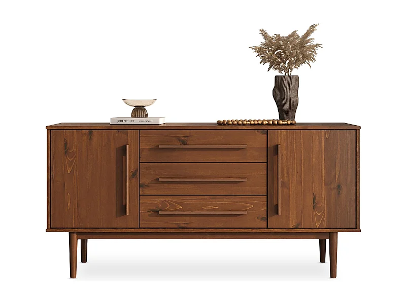 Buffet TECCA L 145 cm 2 Portes 3 Tiroirs en Bois Massif Coloris Châtaignier avec Étagères Réglables, Rangement Salon