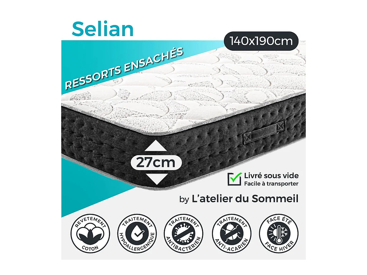 SELIAN - Pack Matelas + Sommier Tapissier Blanc 140x190 cm + 2 Oreillers + 1 Couette