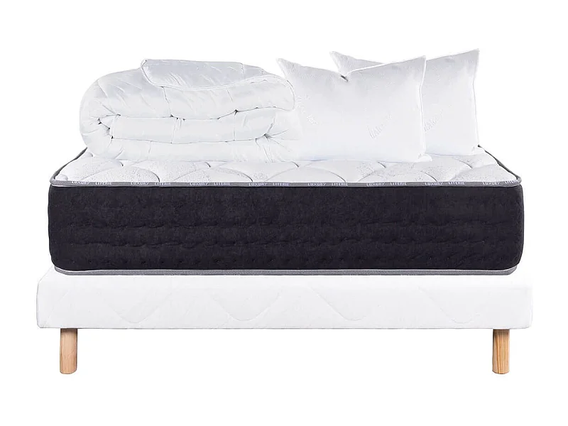 SELIAN - Pack Matelas + Sommier Tapissier Blanc 140x190 cm + 2 Oreillers + 1 Couette