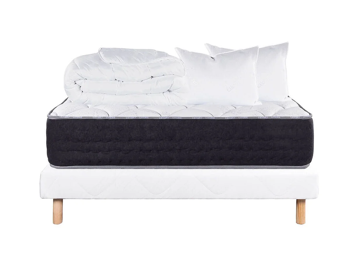 SELIAN - Pack Matelas + Sommier Tapissier Blanc 160x200 cm + 2 Oreillers + 1 Couette