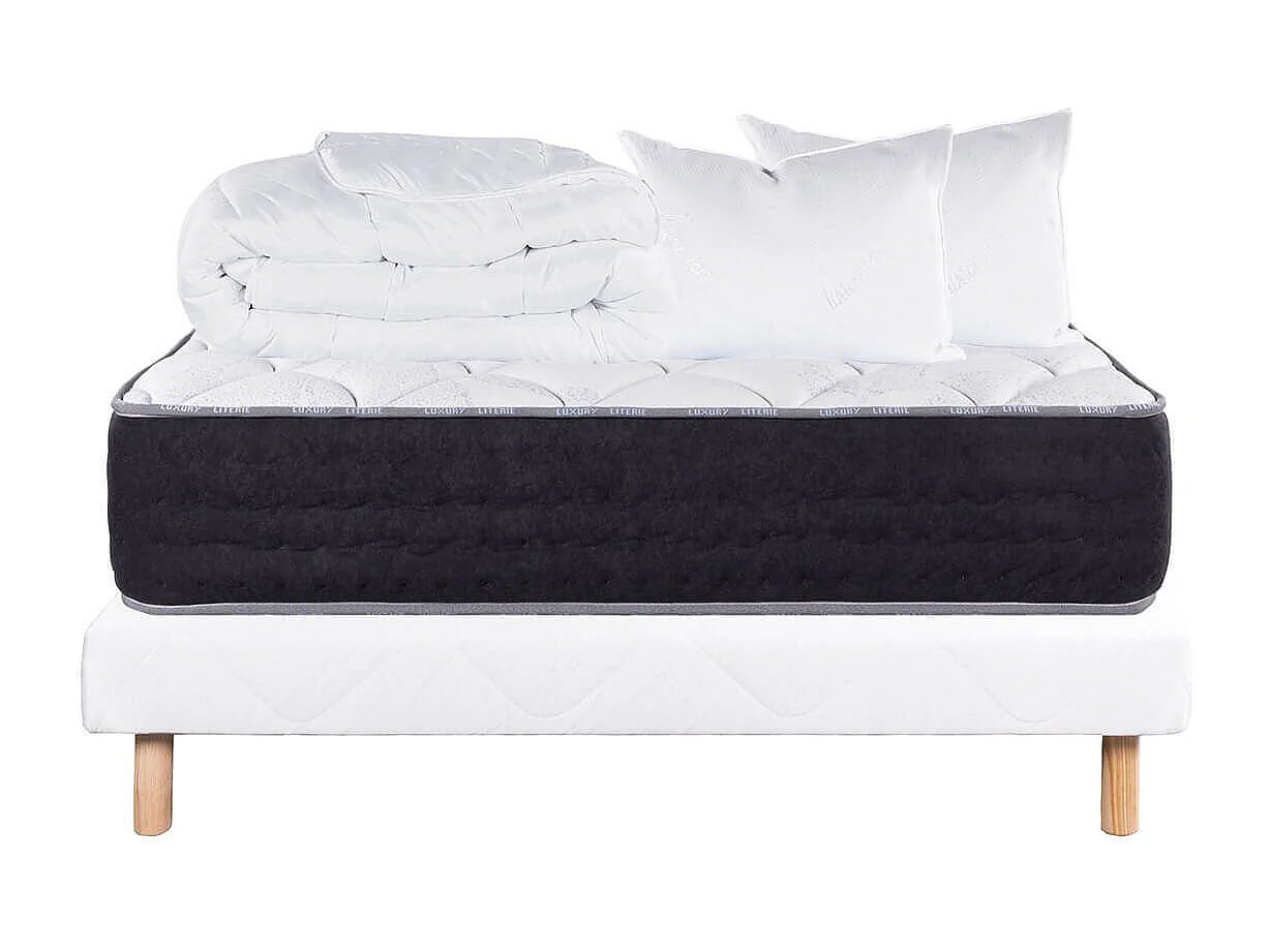 SELIAN - Pack Matelas + Sommier Tapissier Blanc 160x200 cm + 2 Oreillers + 1 Couette