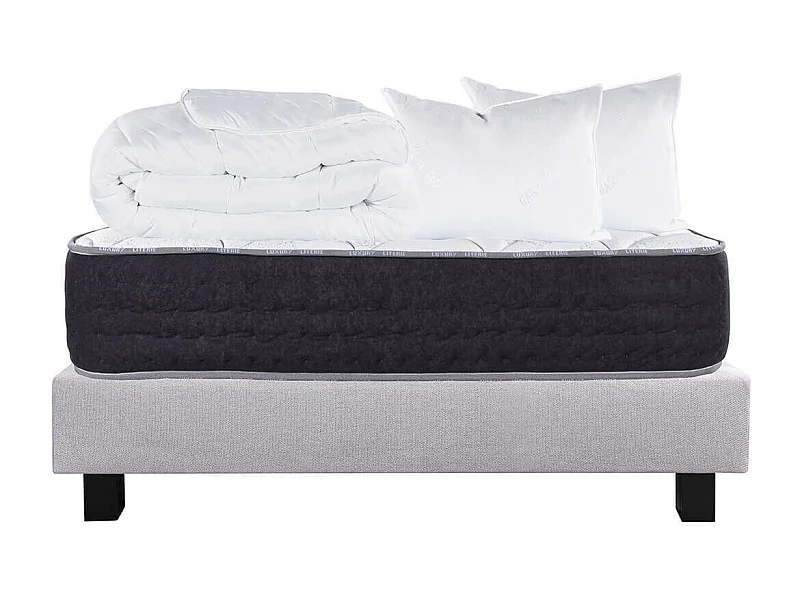 SELIAN - Pack Matelas + Sommier Tapissier Gris 160x200 cm + 2 Oreillers + 1 Couette