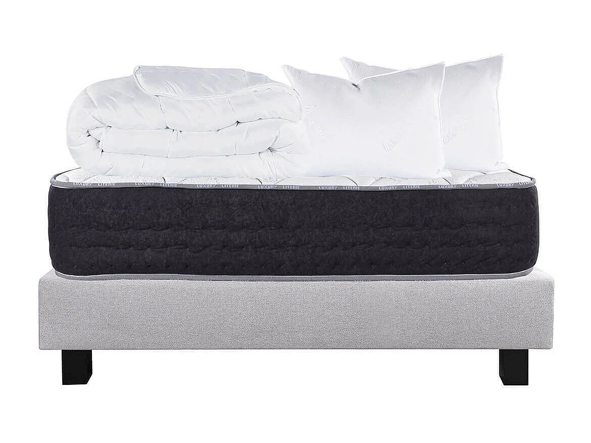 SELIAN - Pack Matelas + Sommier Tapissier Gris 160x200 cm + 2 Oreillers + 1 Couette