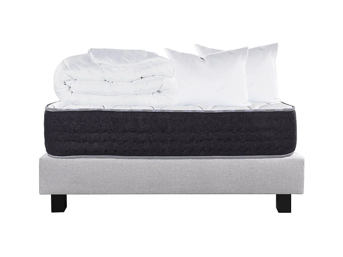 SELIAN - Pack Matelas + Sommier Tapissier Gris 140x190 cm + 2 Oreillers + 1 Couette