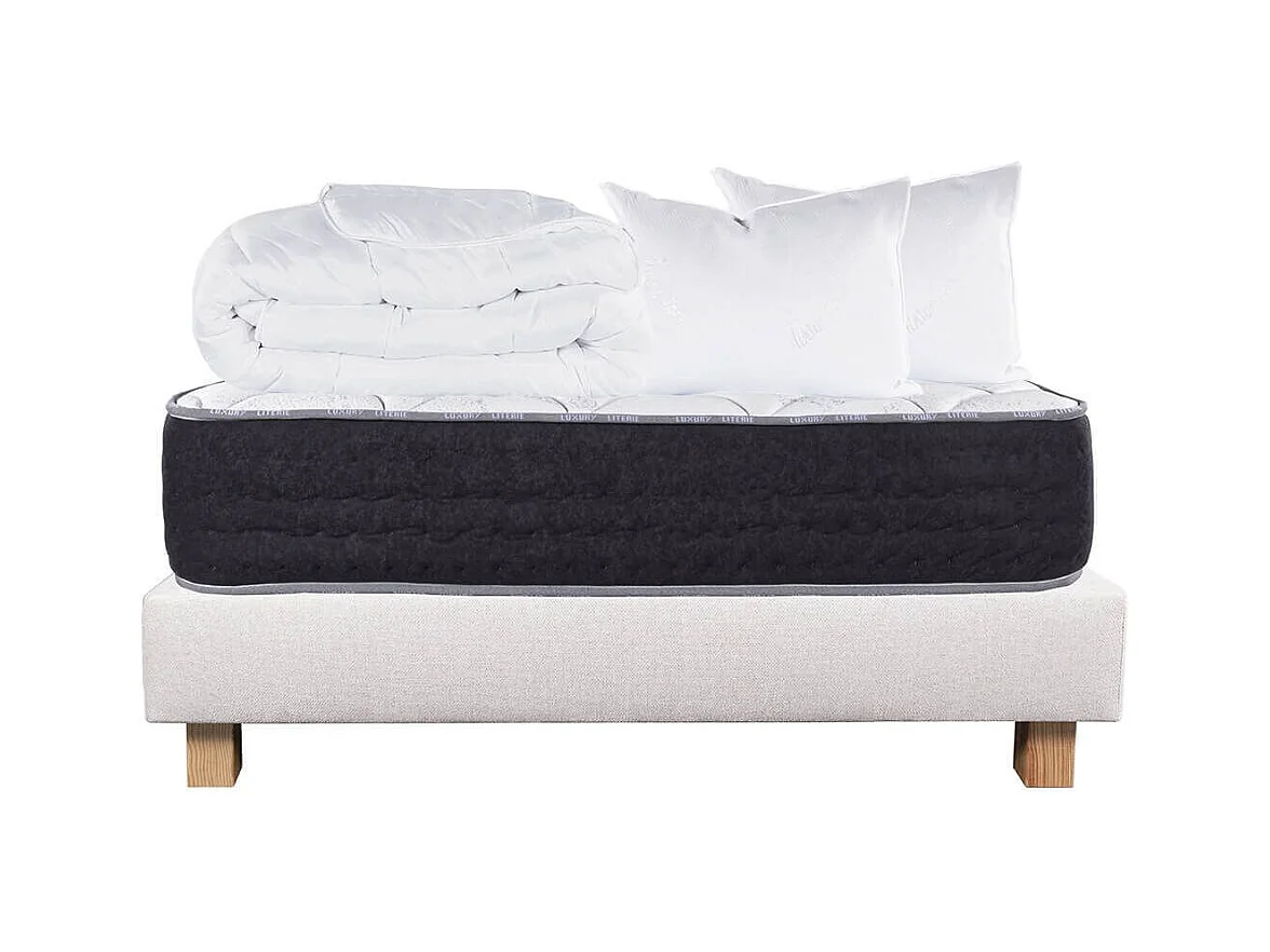 SELIAN - Pack Matelas + Sommier Tapissier Beige 160x200 cm + 2 Oreillers + 1 Couette