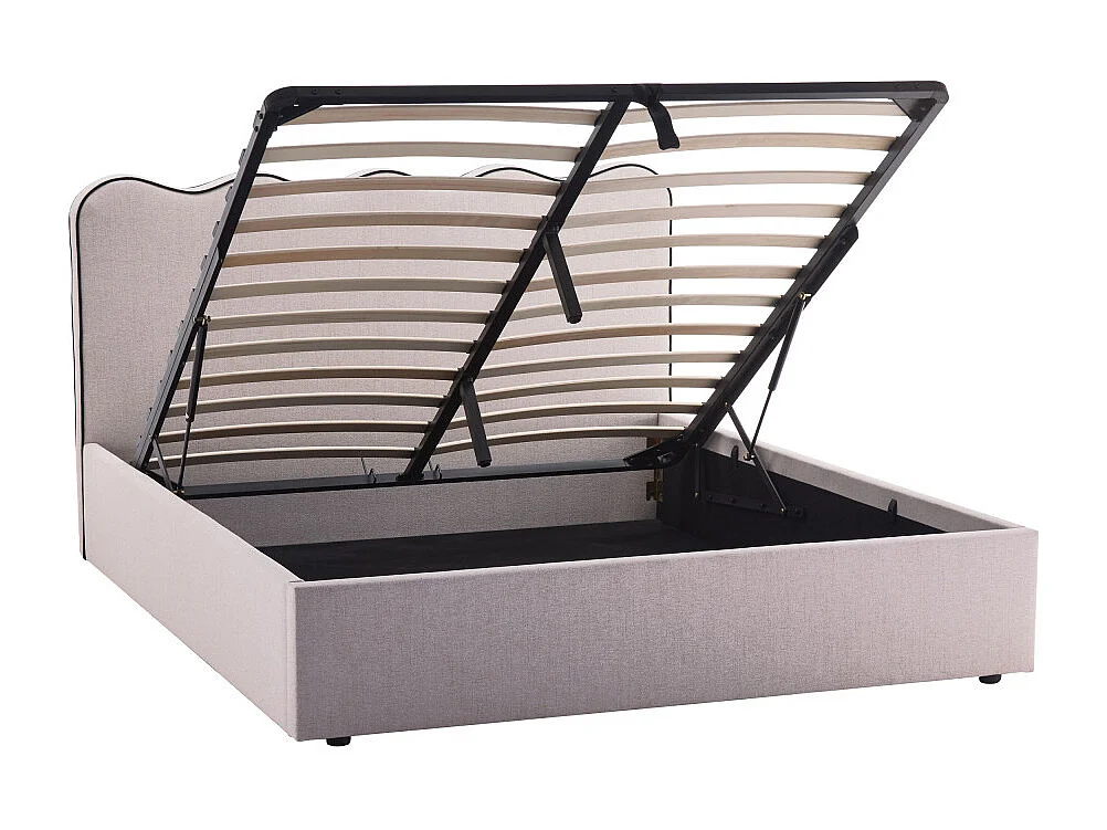 Nagoya - Lit coffre en tissu avec tête de lit ondulée 160x200cm - Beige