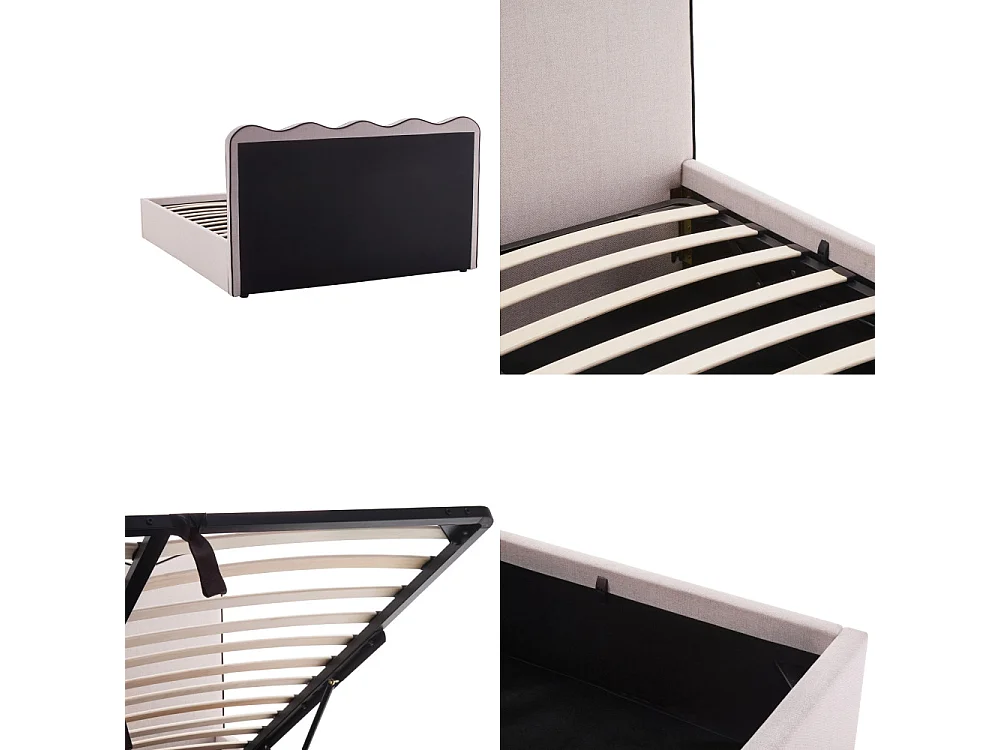 Nagoya - Lit coffre en tissu avec tête de lit ondulée 160x200cm - Beige