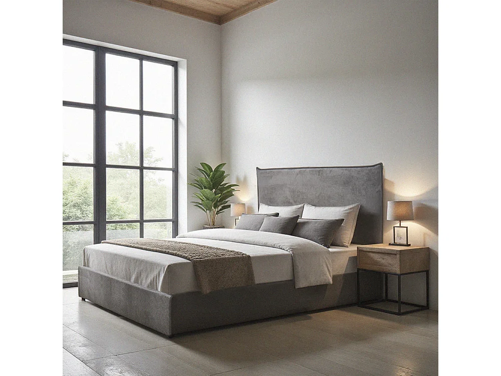 Cama - Lit coffre en velours côtelé 140x190cm - Gris