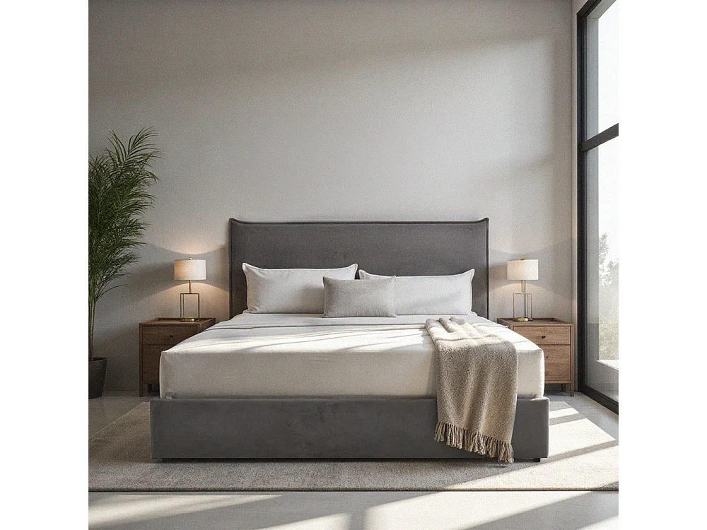 Cama - Lit coffre en velours côtelé 140x190cm - Gris