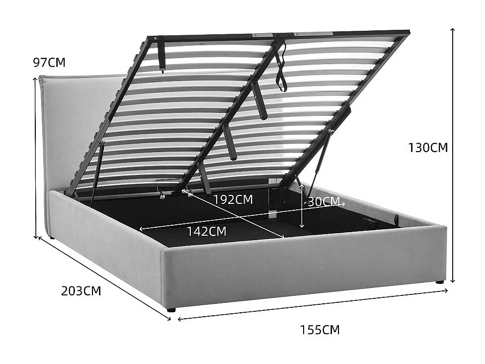 Cama - Lit coffre en velours côtelé 140x190cm - Gris