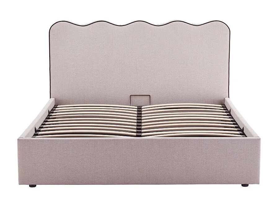 Nagoya - Lit coffre en tissu avec tête de lit ondulée 140x190cm - Beige