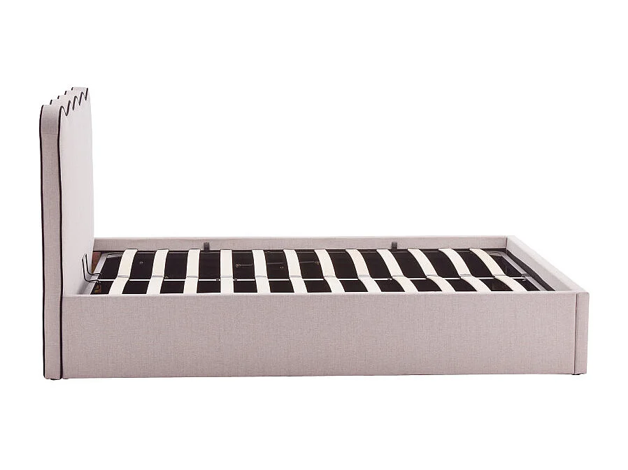 Nagoya - Lit coffre en tissu avec tête de lit ondulée 140x190cm - Beige