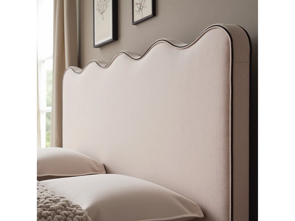 Nagoya - Lit coffre en tissu avec tête de lit ondulée 140x190cm - Beige