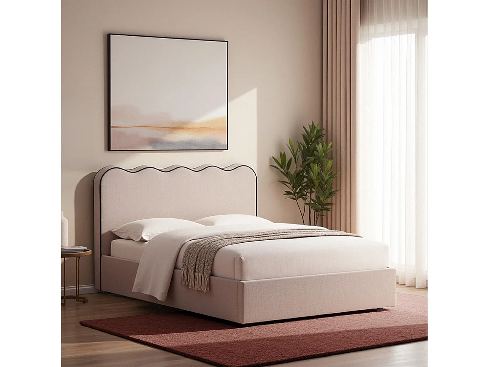 Nagoya - Lit coffre en tissu avec tête de lit ondulée 140x190cm - Beige