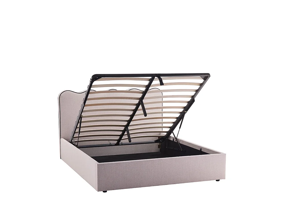 Nagoya - Lit coffre en tissu avec tête de lit ondulée 140x190cm - Beige