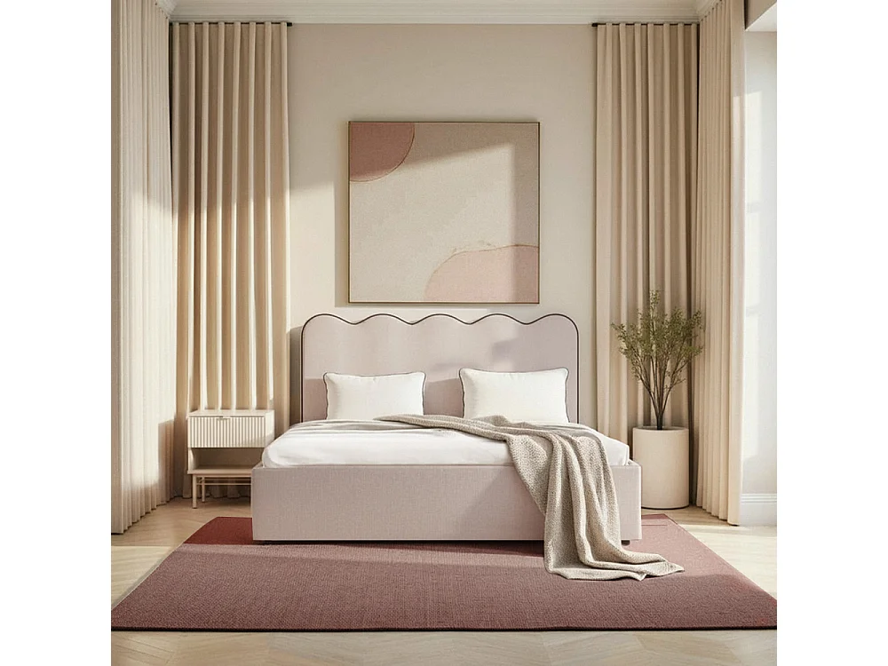 Nagoya - Lit coffre en tissu avec tête de lit ondulée 140x190cm - Beige