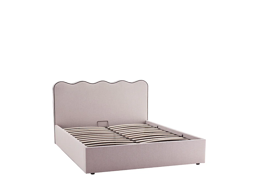 Nagoya - Lit coffre en tissu avec tête de lit ondulée 140x190cm - Beige