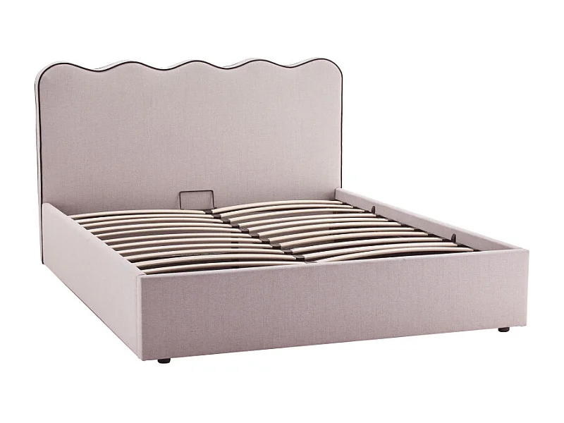 Nagoya - Lit coffre en tissu avec tête de lit ondulée 140x190cm - Beige