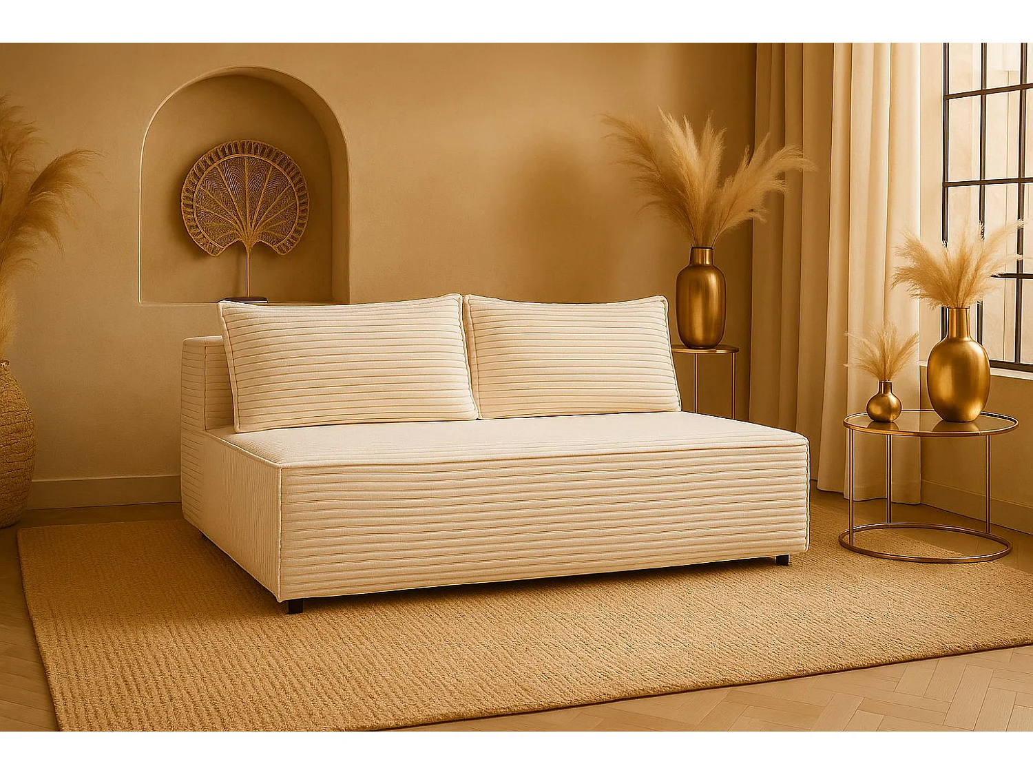 Canapé-lit, canapé avec fonction couchage et coffre de lit, DUO, tissu Velo, écru