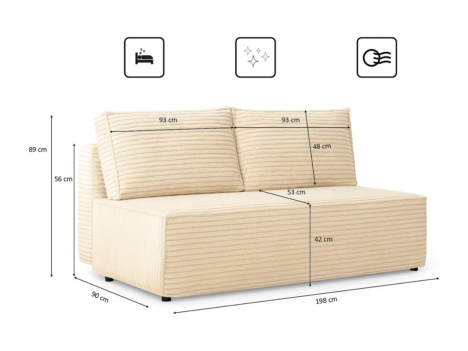 Canapé-lit, canapé avec fonction couchage et coffre de lit, DUO, tissu Velo, écru