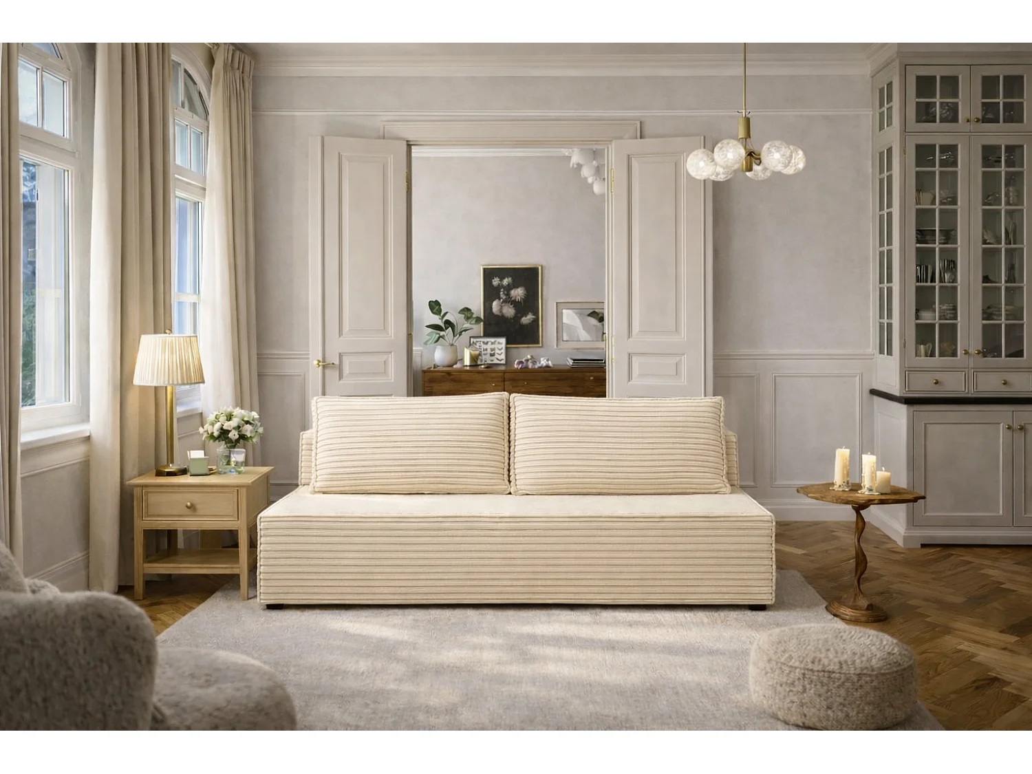 Slaapbank, bank met slaapfunctie en bedkast, DUO, stof Velo, ecru