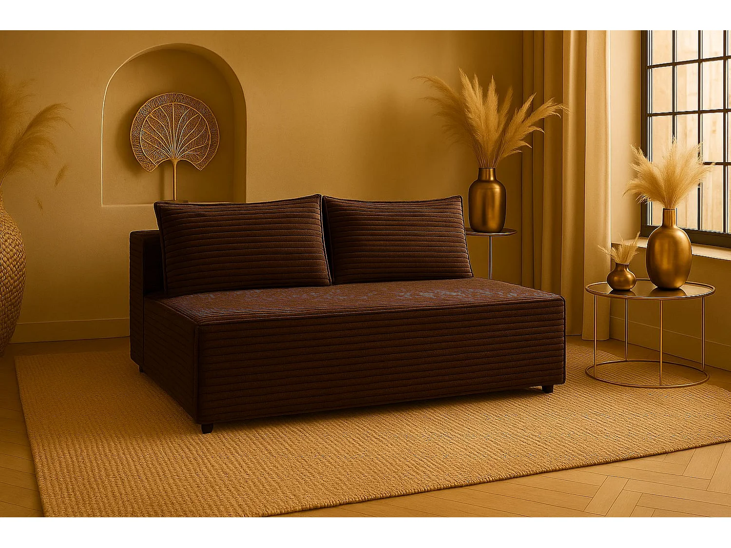 Canapé-lit, canapé avec fonction couchage et coffre de lit, DUO, tissu Velo, marron