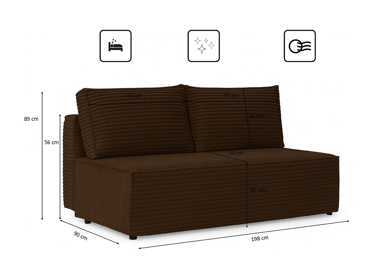 Canapé-lit, canapé avec fonction couchage et coffre de lit, DUO, tissu Velo, marron