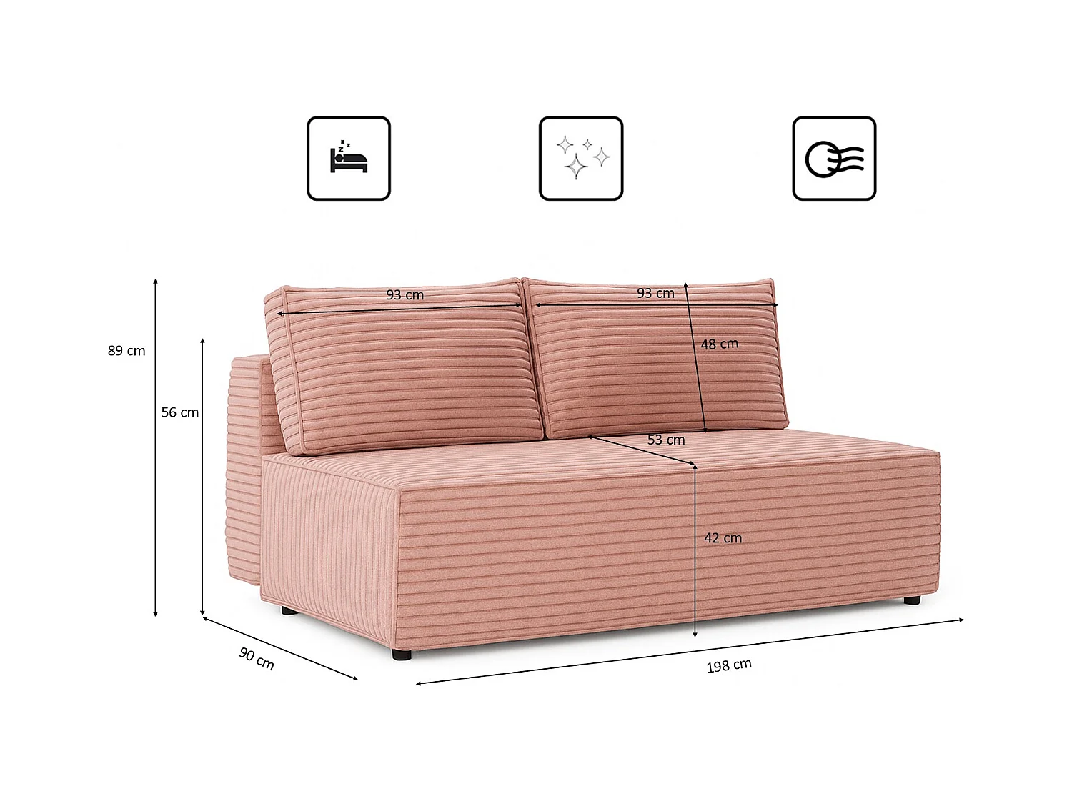 Slaapbank, bank met slaapfunctie en bedkast, DUO, stof Velo, roze