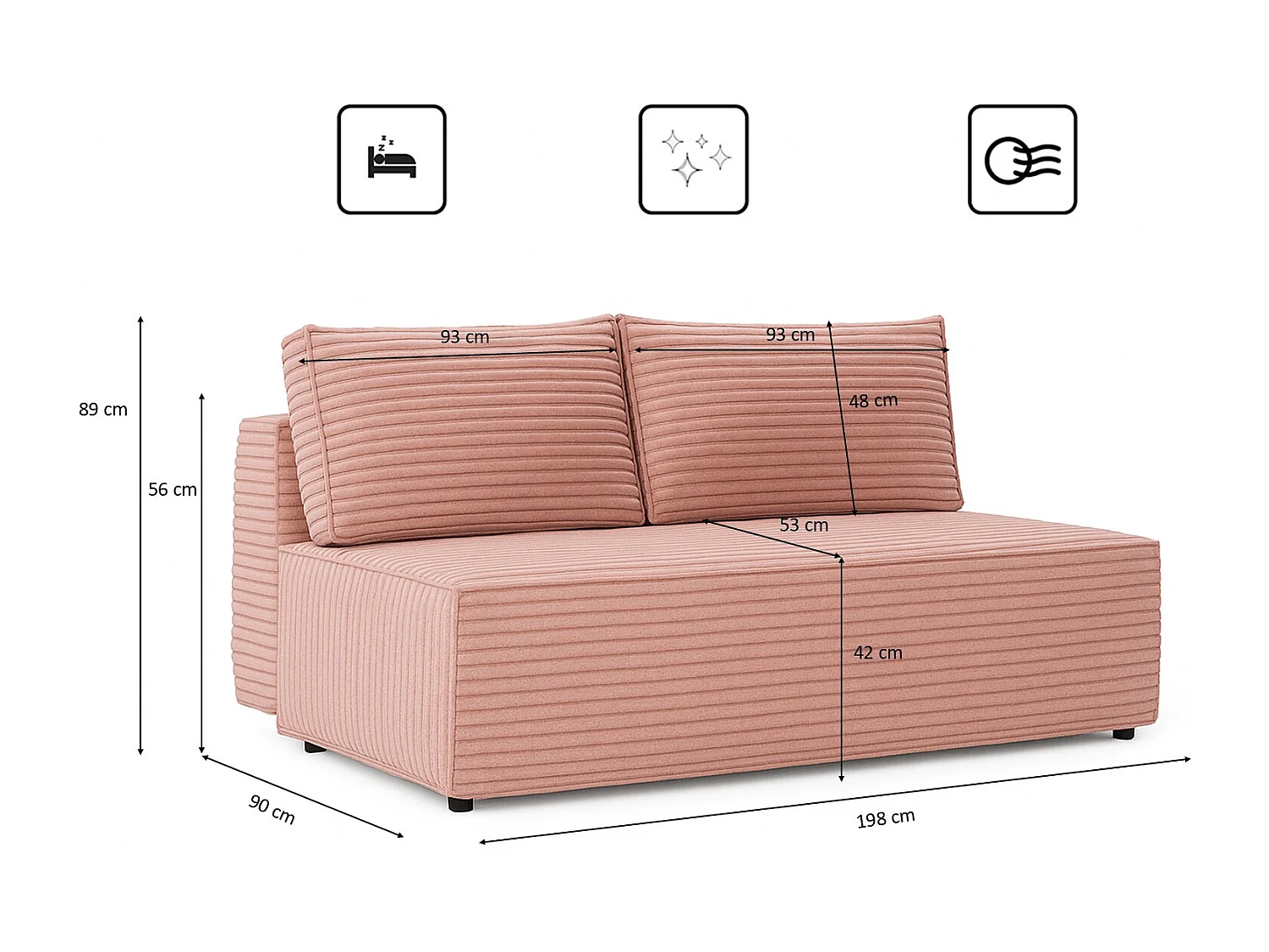 Canapé-lit, canapé avec fonction couchage et coffre de lit, DUO, tissu Velo, rose