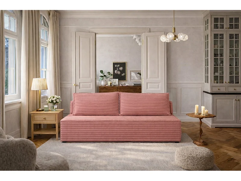 Canapé-lit, canapé avec fonction couchage et coffre de lit, DUO, tissu Velo, rose