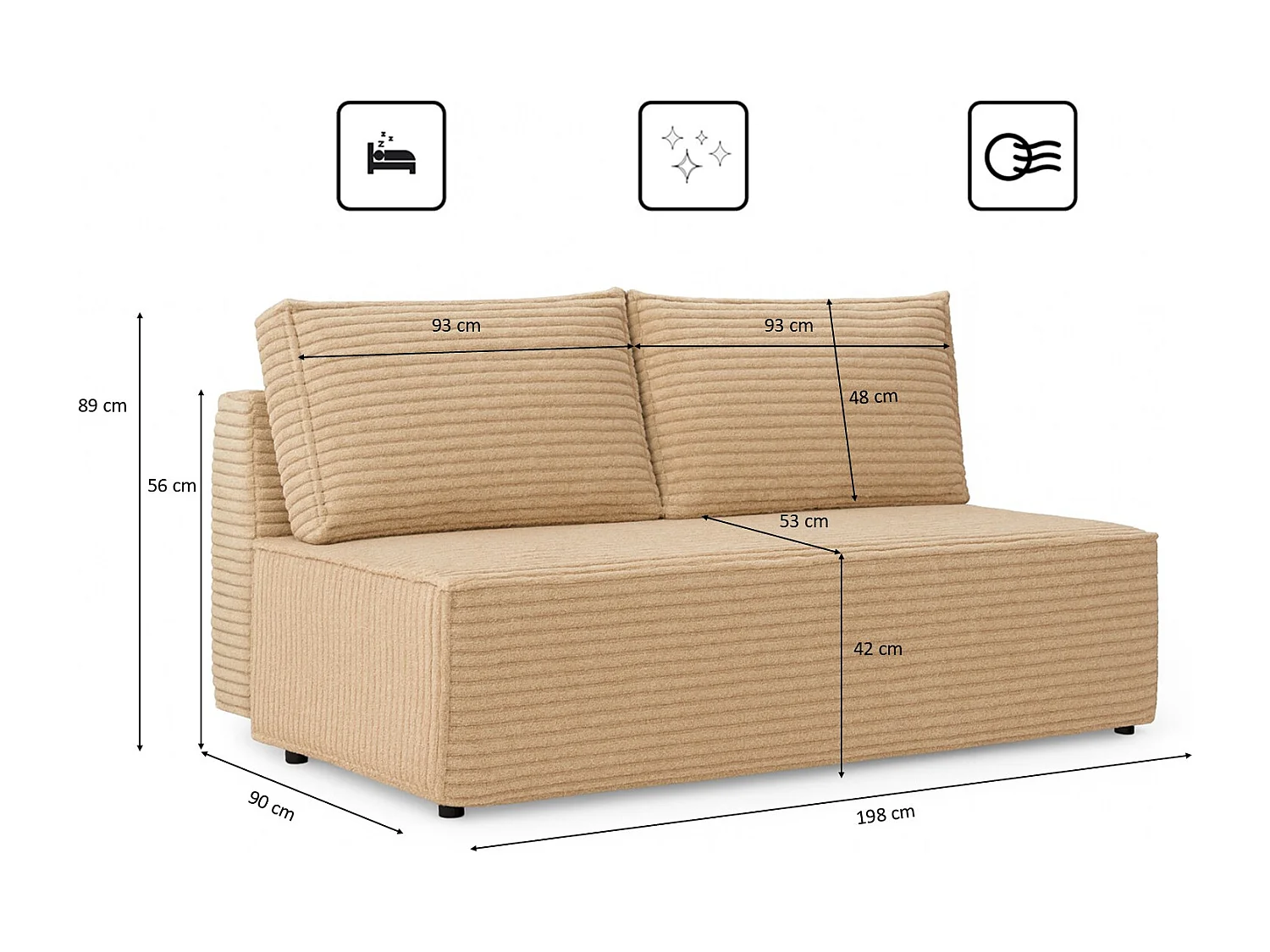 Canapé-lit, canapé avec fonction couchage et coffre de lit, DUO, tissu Velo, beige