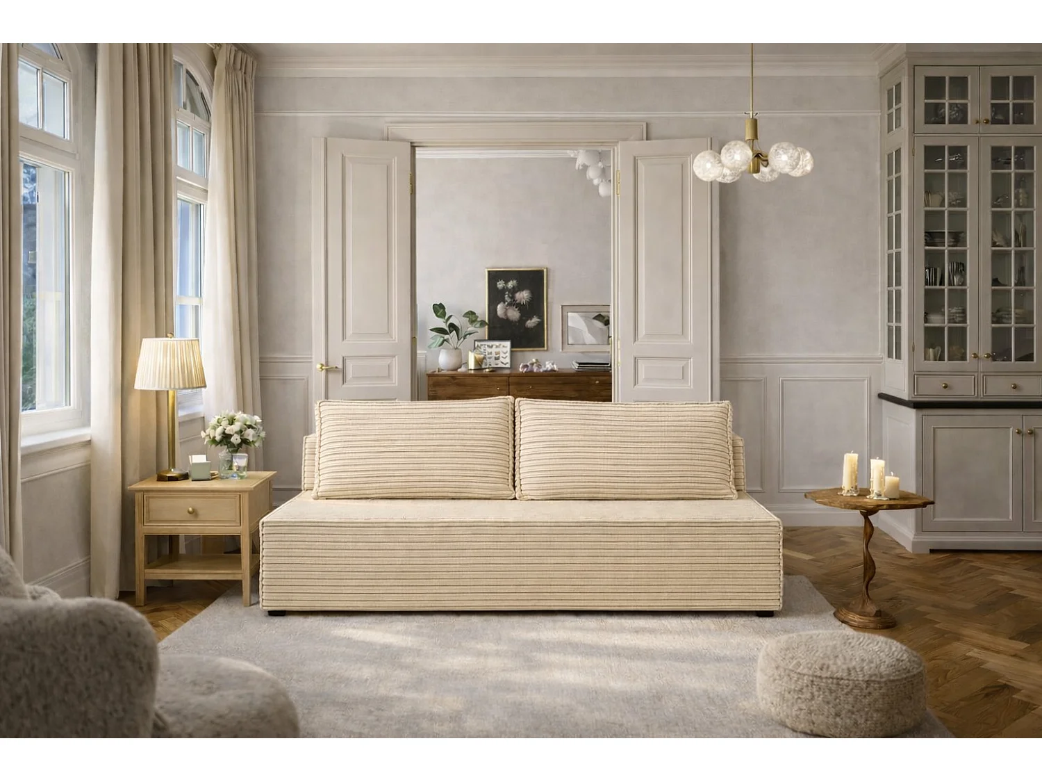 Canapé-lit, canapé avec fonction couchage et coffre de lit, DUO, tissu Velo, beige