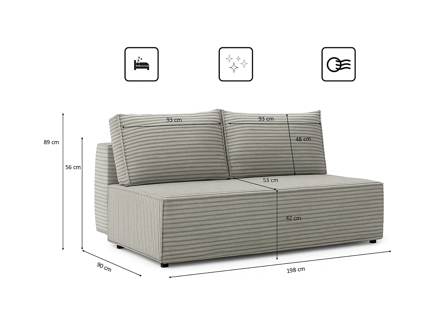 Canapé-lit, canapé avec fonction couchage et coffre de lit, DUO, tissu Velo, gris