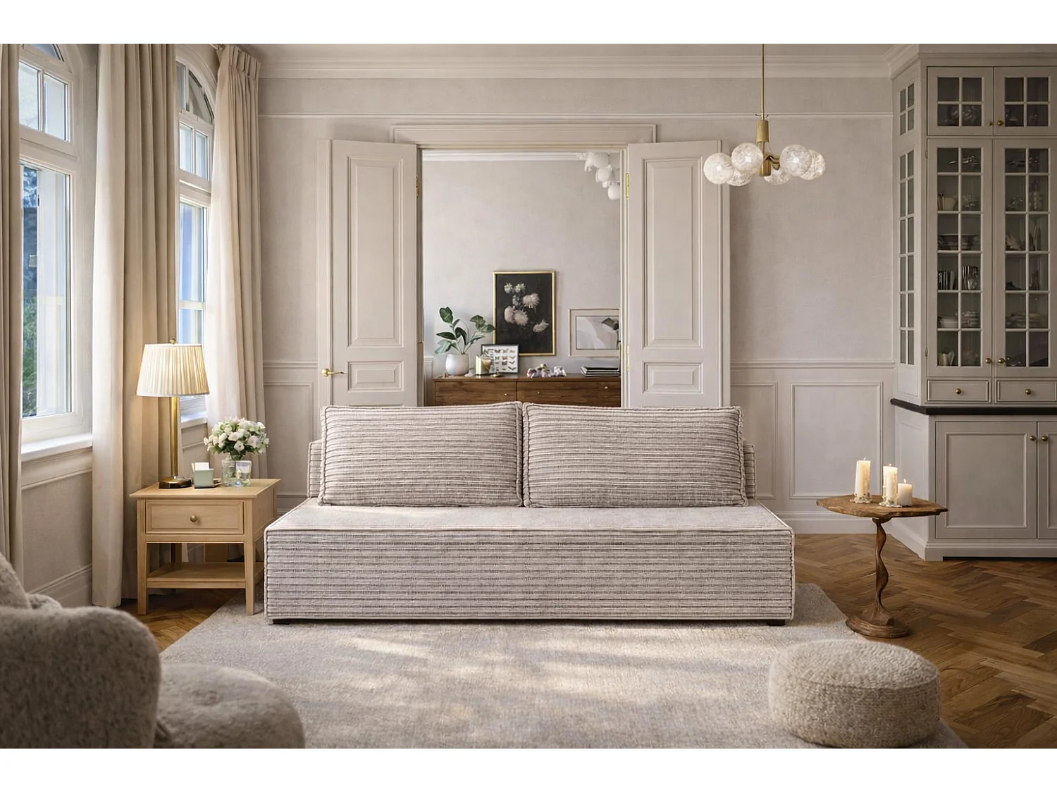 Canapé-lit, canapé avec fonction couchage et coffre de lit, DUO, tissu Velo, gris