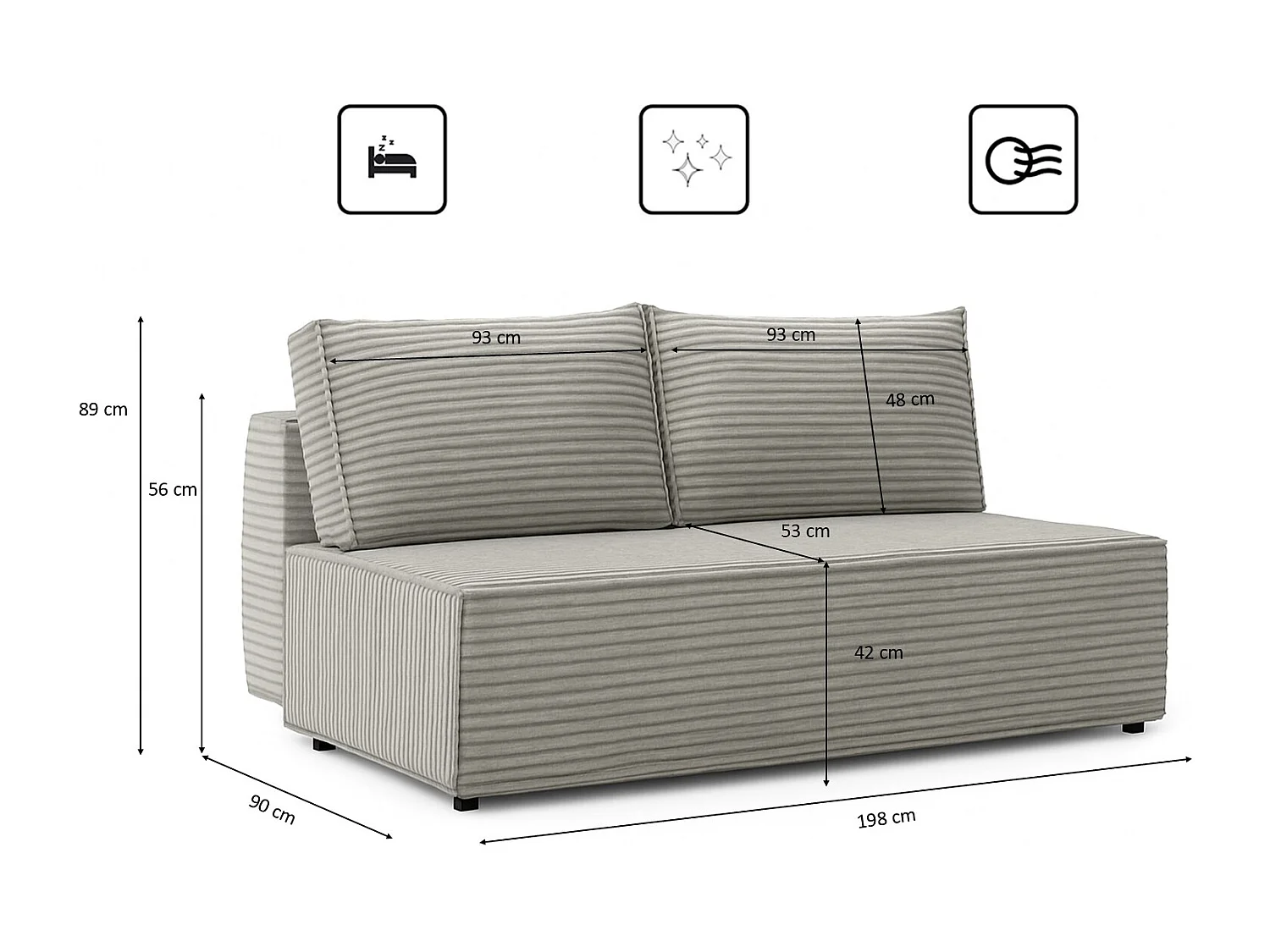 Canapé-lit, canapé avec fonction couchage et coffre de lit, DUO, tissu Velo, gris