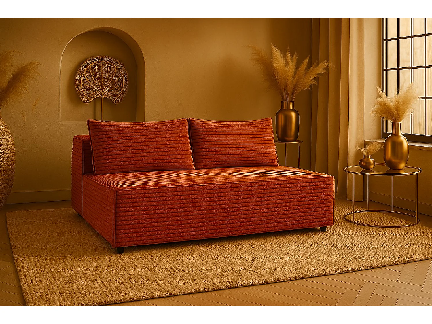 Canapé-lit, canapé avec fonction couchage et coffre de lit, DUO, tissu Velo, cuivre