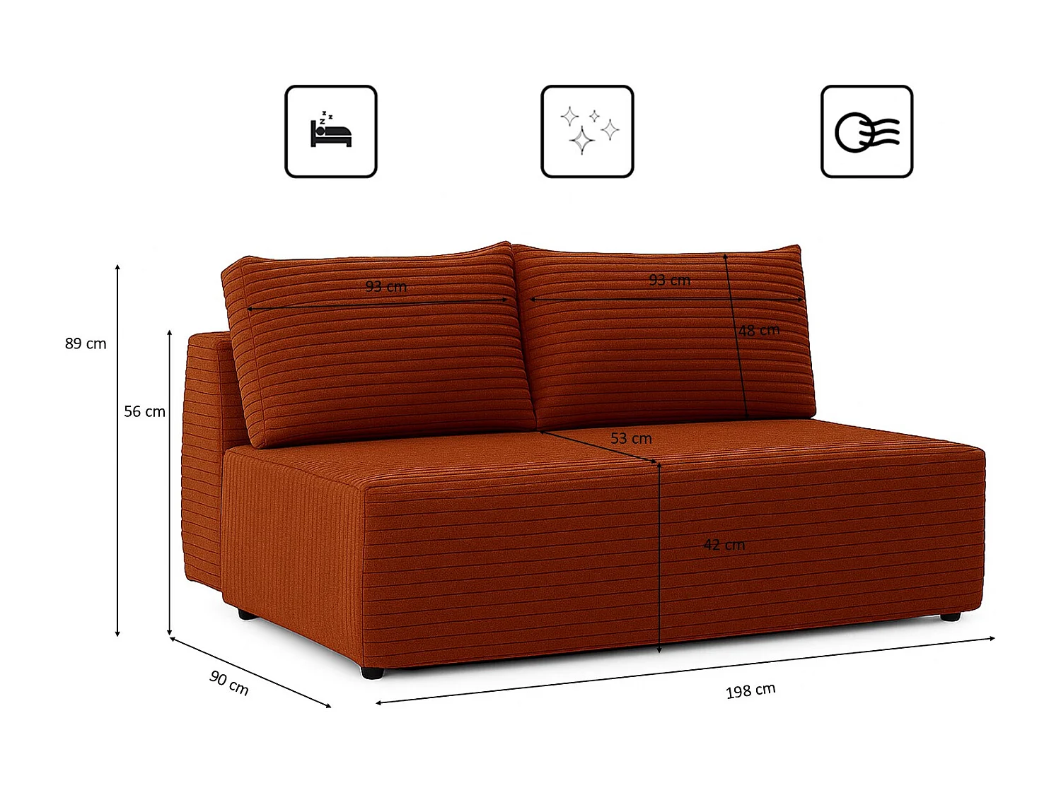 Canapé-lit, canapé avec fonction couchage et coffre de lit, DUO, tissu Velo, cuivre
