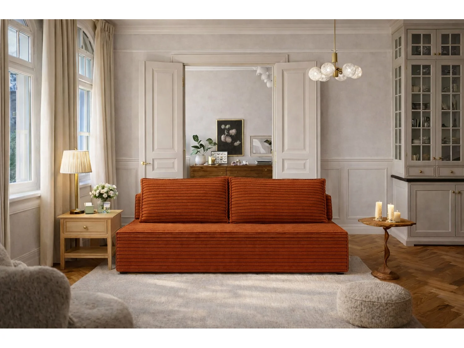 Canapé-lit, canapé avec fonction couchage et coffre de lit, DUO, tissu Velo, cuivre