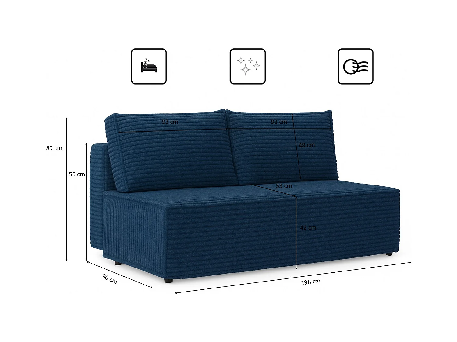 Canapé-lit, canapé avec fonction couchage et coffre de lit, DUO, tissu Velo, bleu