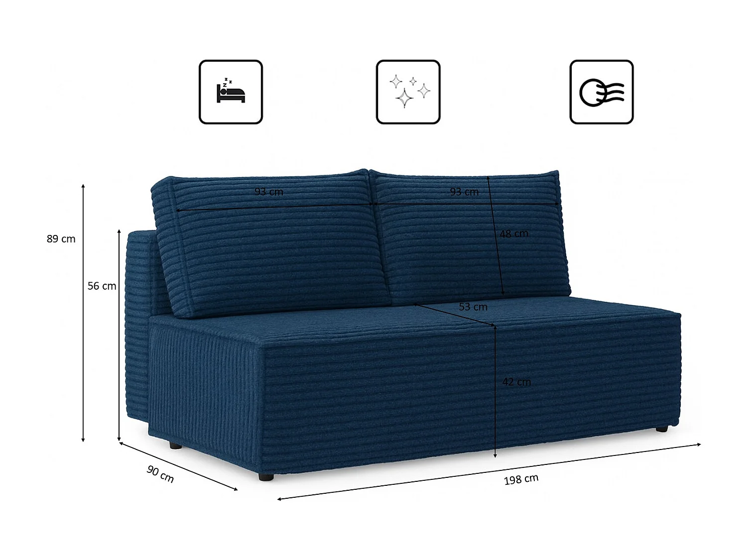 Canapé-lit, canapé avec fonction couchage et coffre de lit, DUO, tissu Velo, bleu