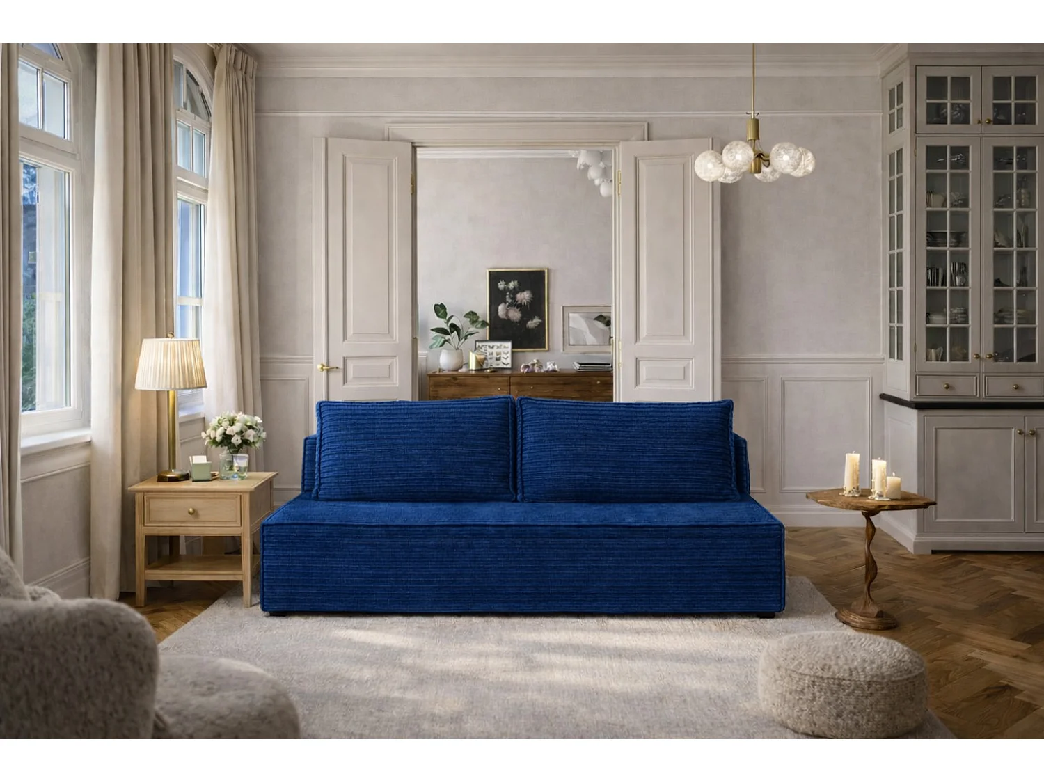 Slaapbank, bank met slaapfunctie en bedkast, DUO, stof Velo, blauw