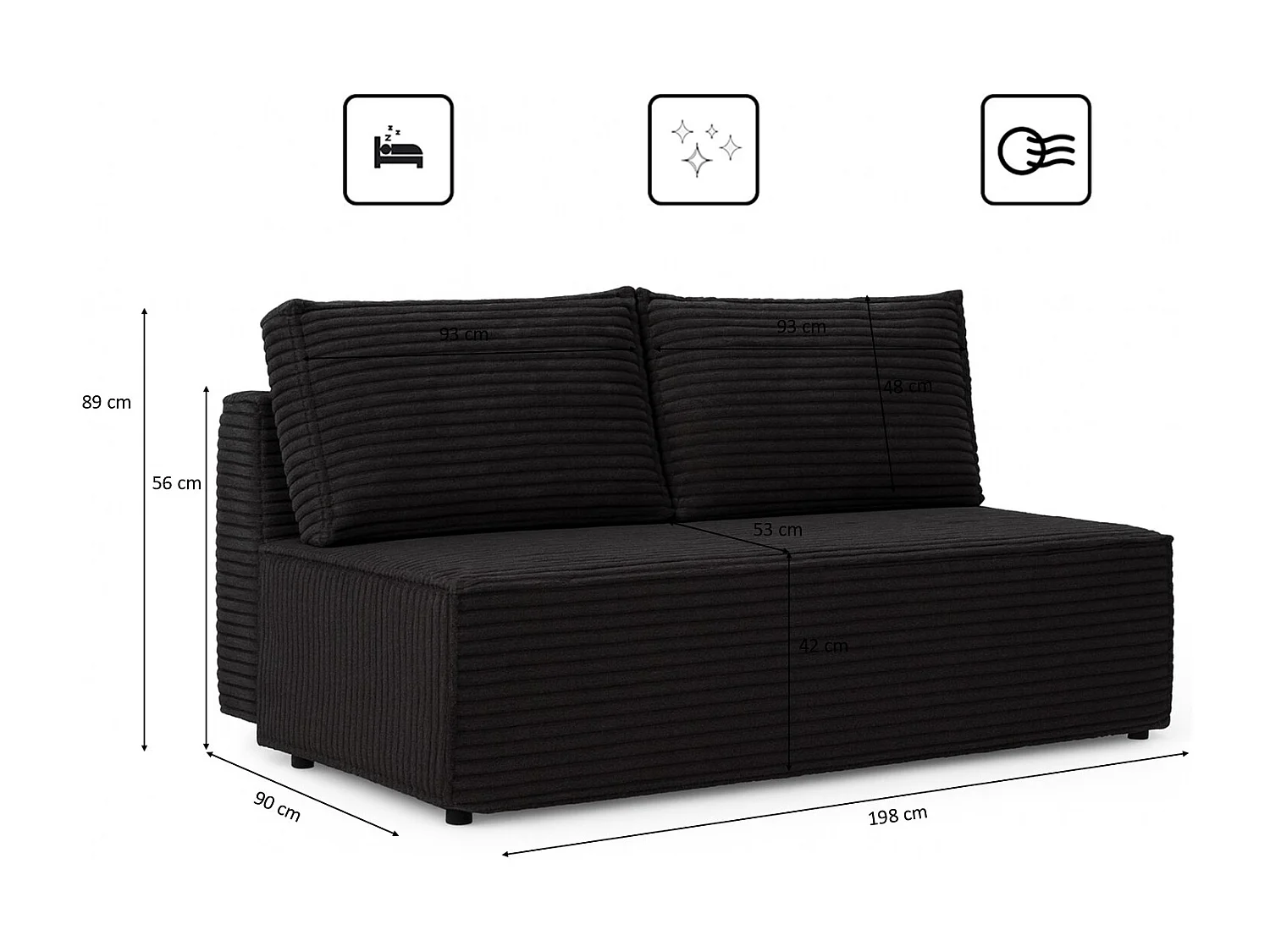 Canapé-lit, canapé avec fonction couchage et coffre de lit, DUO, tissu Velo, graphite