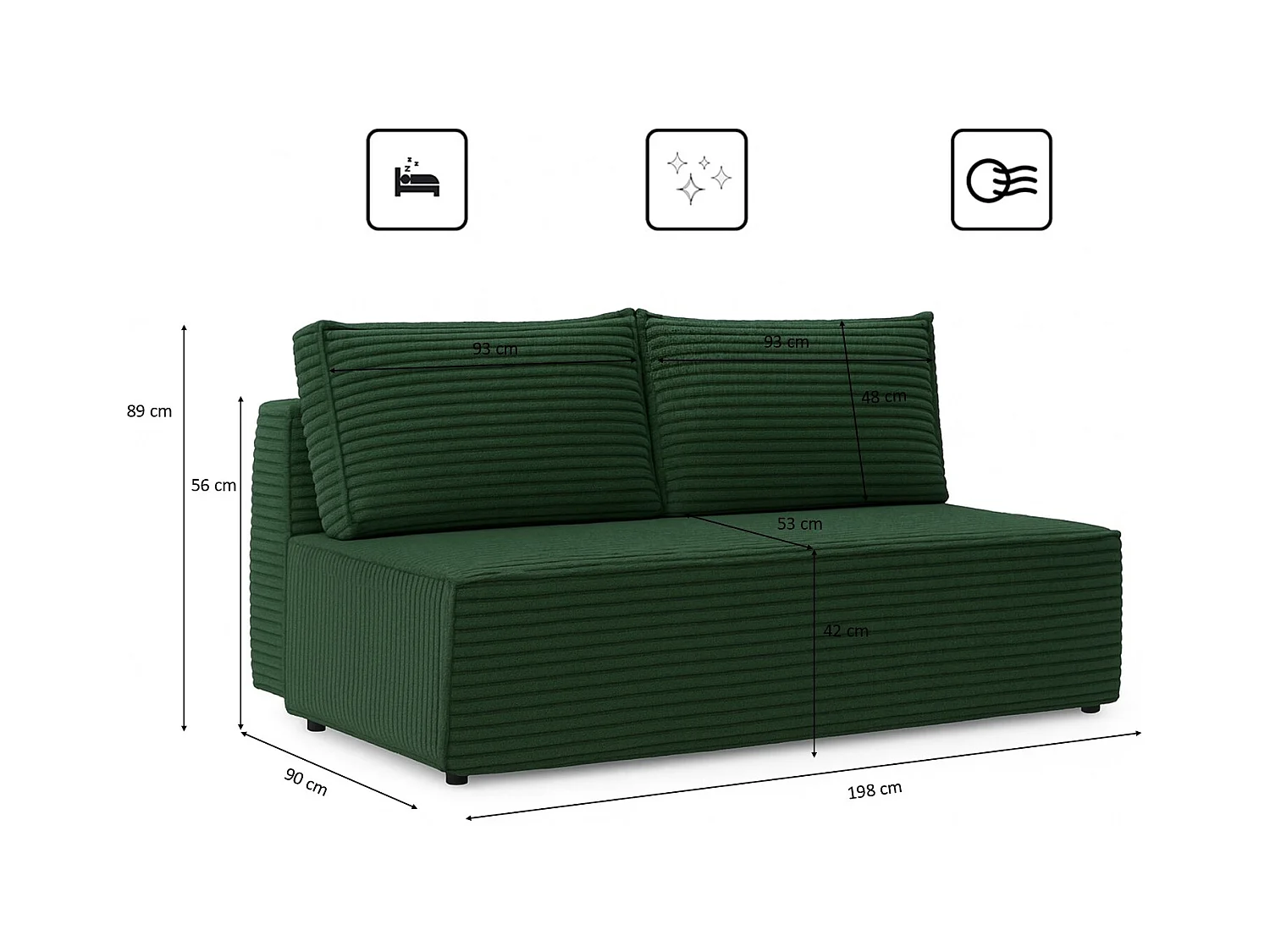 Canapé-lit, canapé avec fonction couchage et coffre de lit, DUO, tissu Velo, vert