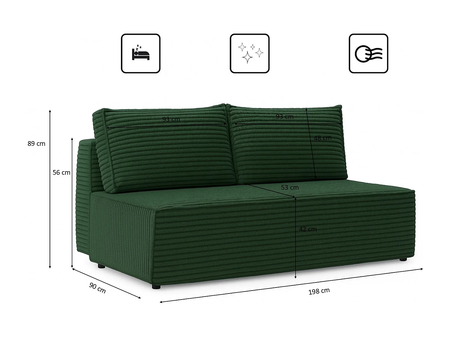 Canapé-lit, canapé avec fonction couchage et coffre de lit, DUO, tissu Velo, vert