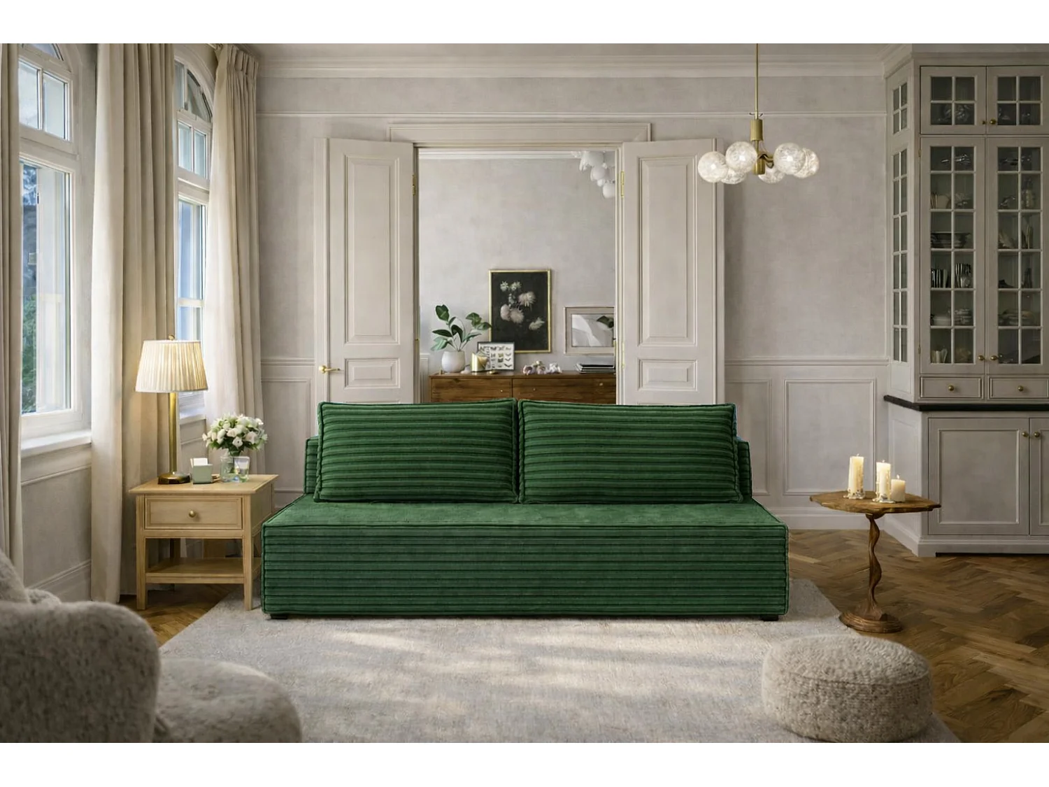 Slaapbank, bank met slaapfunctie en bedkast, DUO, stof Velo, groen