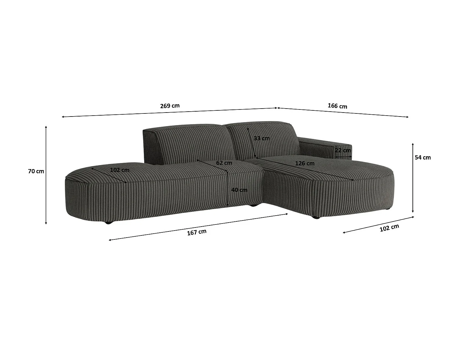 Canapé d'angle Cursal Atelier, tissu Poso, gris, droit