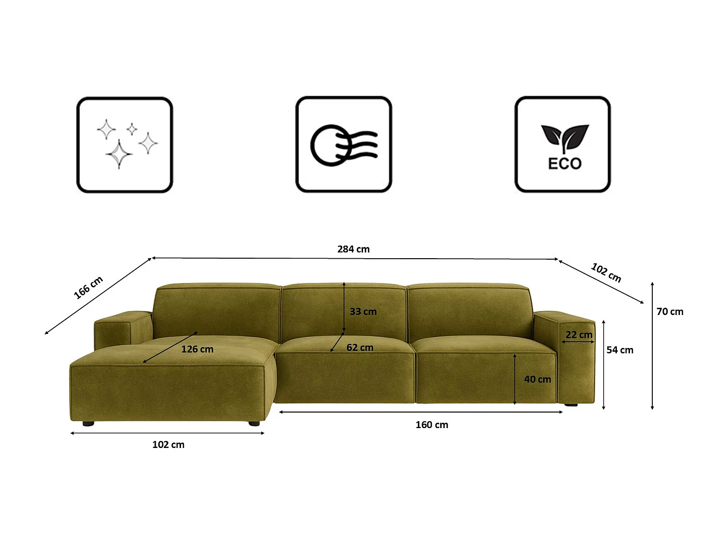 Canapé d'angle en L Cursal, tissu Salvador, olive, gauche