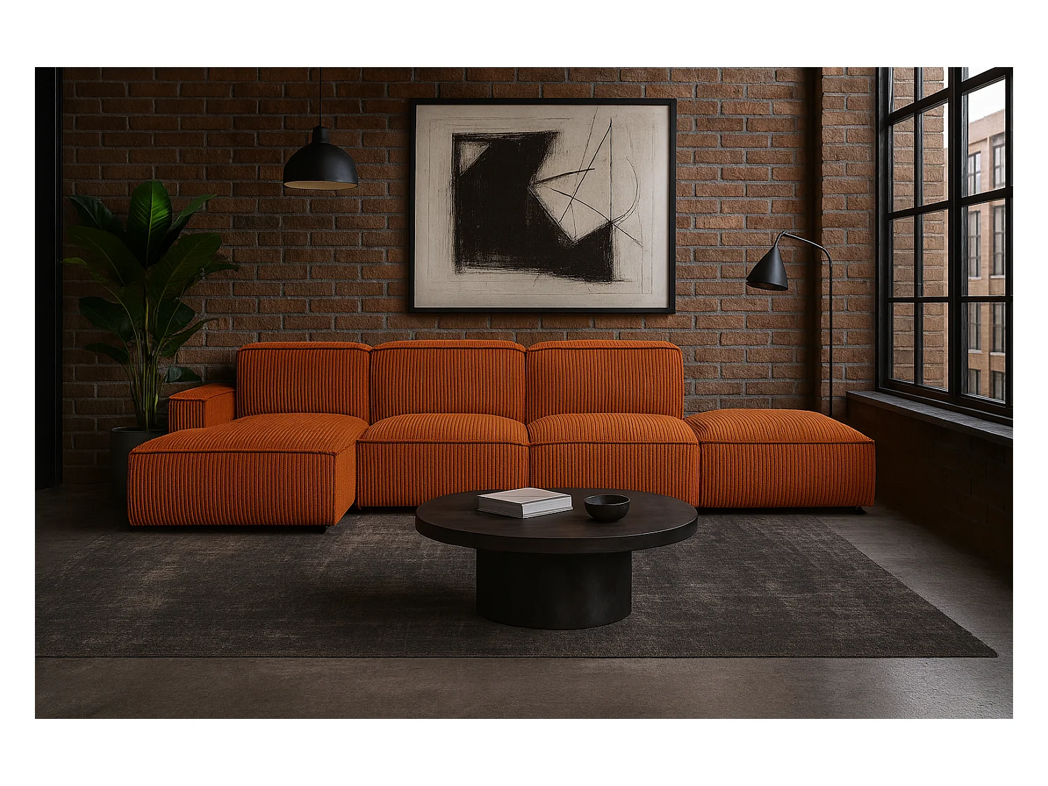 Canapé d'angle en L + repose-pieds Cursal, tissu Poso, cuivre, gauche