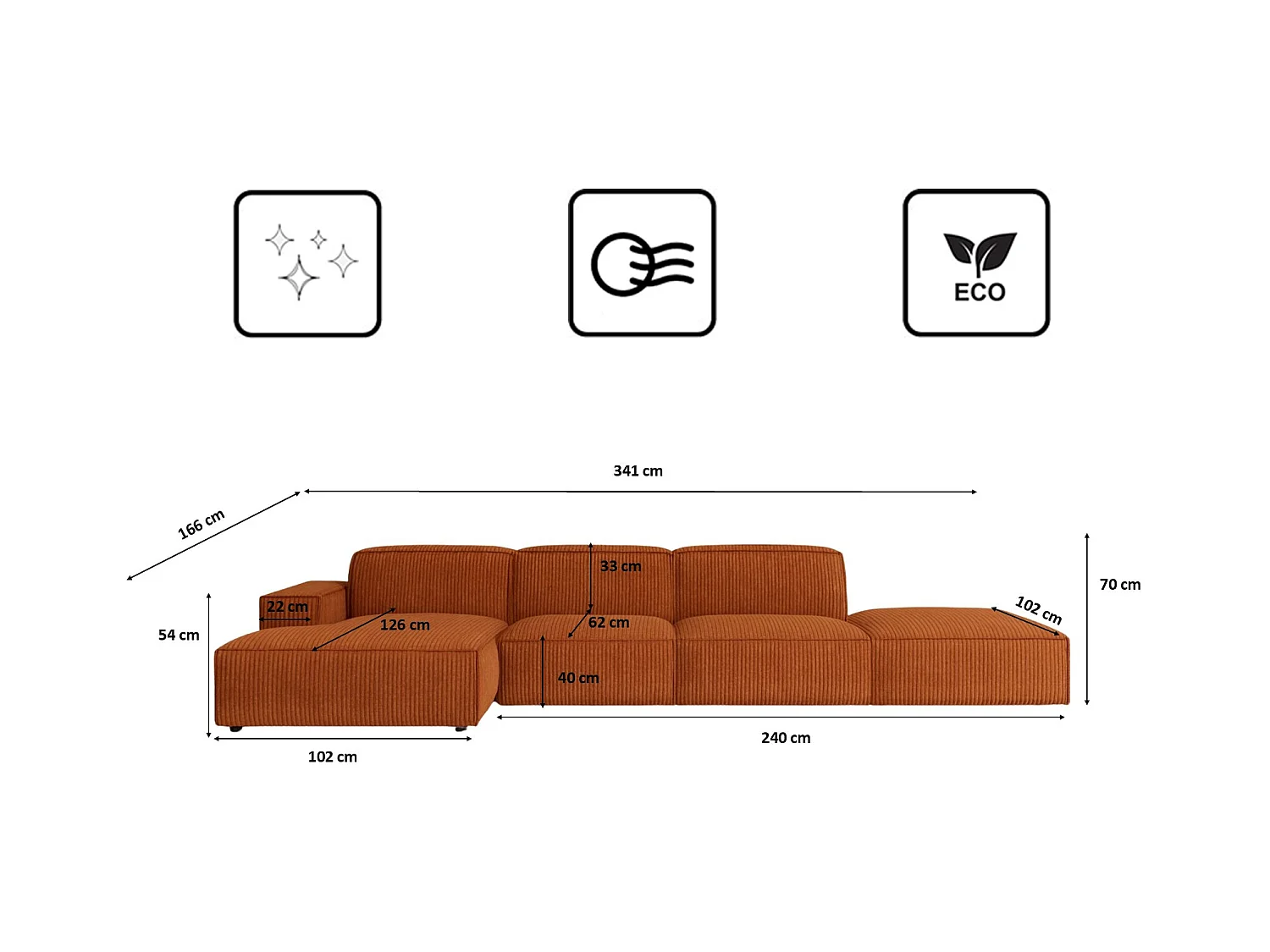 Canapé d'angle en L + repose-pieds Cursal, tissu Poso, cuivre, gauche