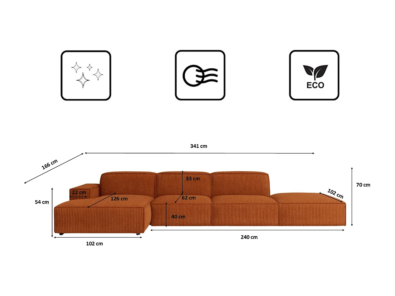 Canapé d'angle en L + repose-pieds Cursal, tissu Poso, cuivre, gauche